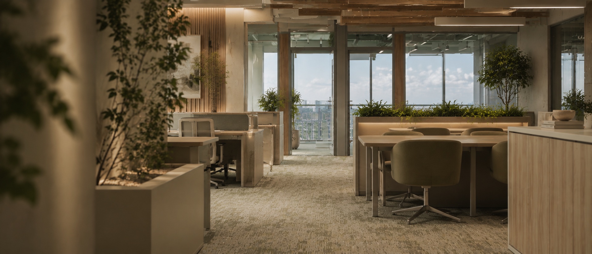The same floor restructured, warm with plants, wood and daylight